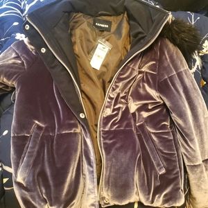 Express metallic velvet silver puffer jacket